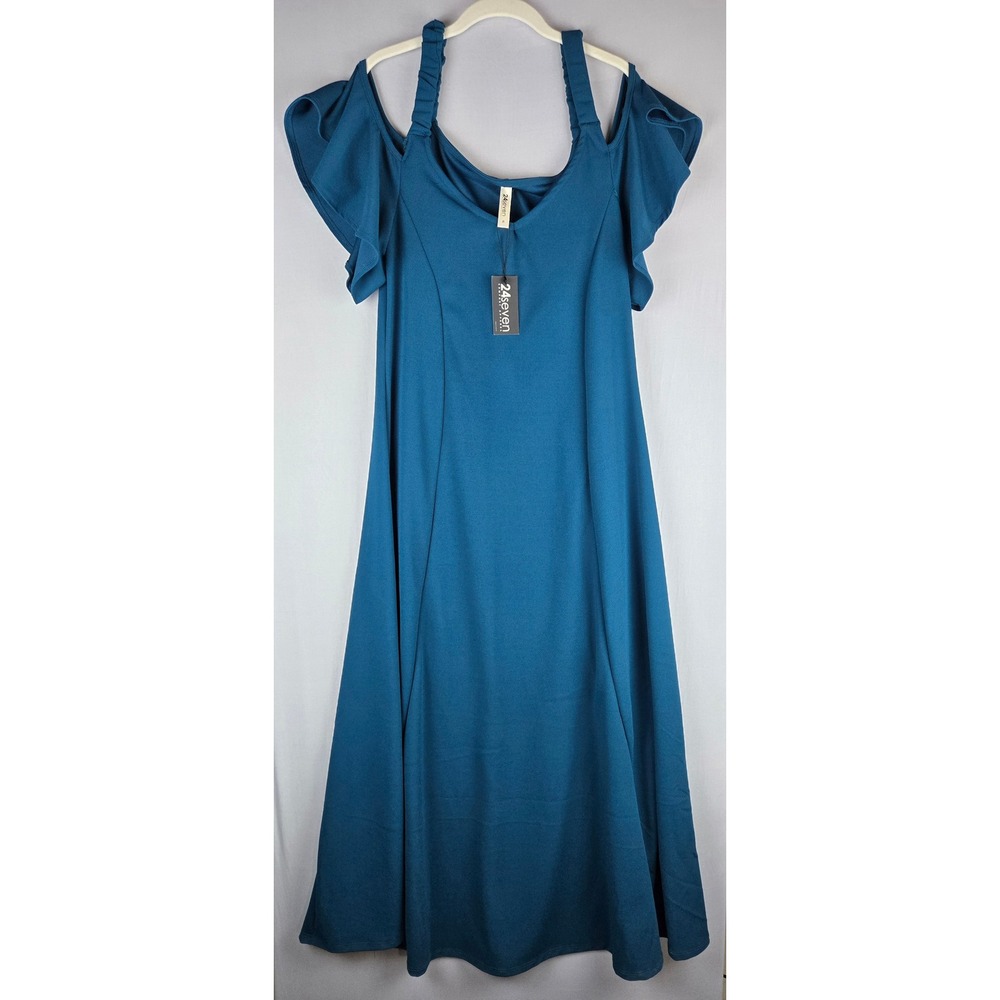 24seven Comfort Apparel Womens Teal Cold Shoulder Ruffle Maxi Dress XL NWT
